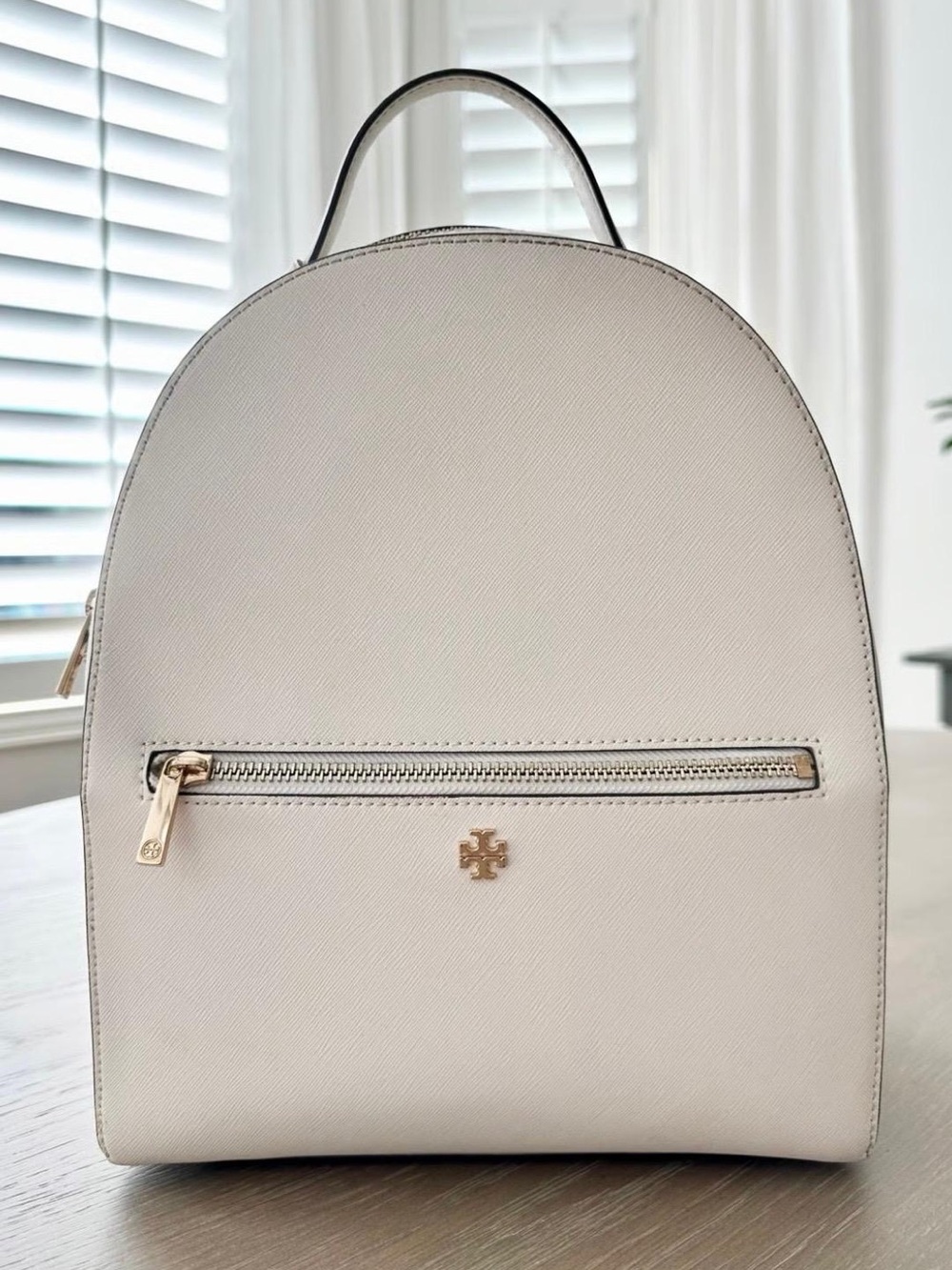 Tory Burch Small Cream Saffiano Backpack with Gold Hardware